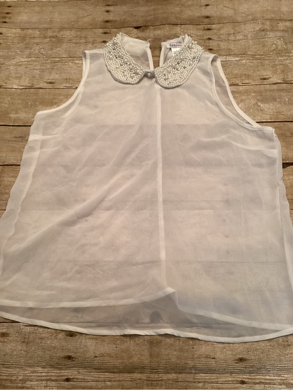 Sheer Pearl Collar Sleeveless Blouse - White